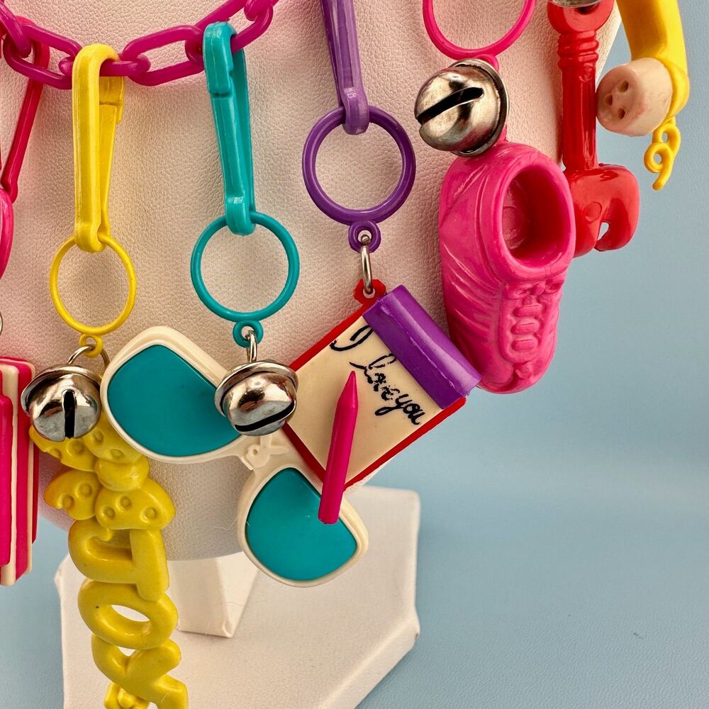1980s Vintage Bell Clip Charm Necklace 19 Plastic Charms Pink Chain Retro Kid - Picture 5 of 14